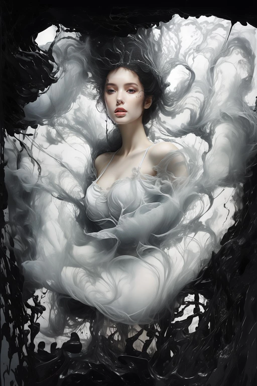 photorealistic,realistic,photography,masterpiece,best quality,ultra-detailed,1girl,full body,increasingly,moon,white dress,over the sea,black theme,