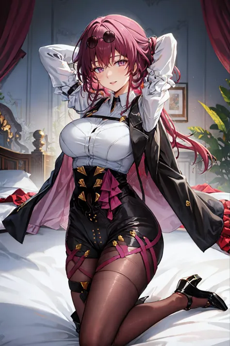 anime girl in a corset sitting on a bed with her hands on her head