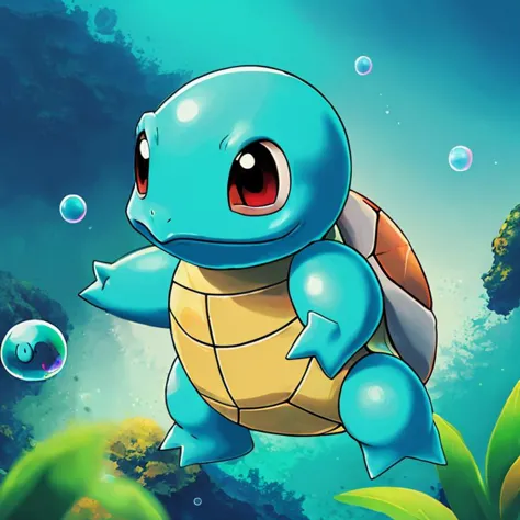 a cartoon turtle is standing in the water with bubbles