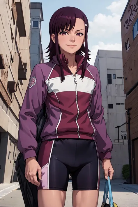 anime girl in purple jacket and black shorts walking down a street