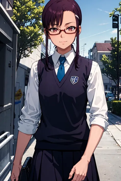 anime girl in school uniform and glasses walking down the street