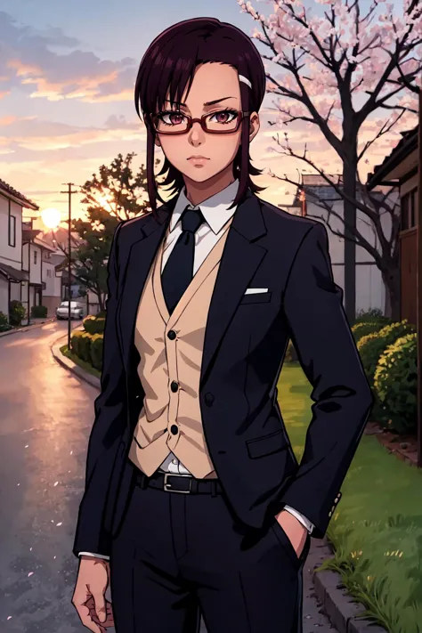 anime character in a suit and tie standing on a street