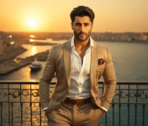 araffe man in a tan suit standing on a balcony overlooking a body of water