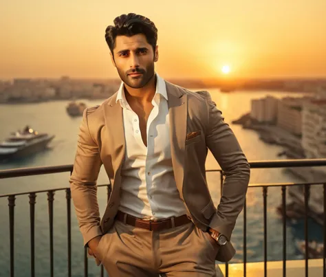 araffeed man in a tan suit standing on a balcony overlooking a city