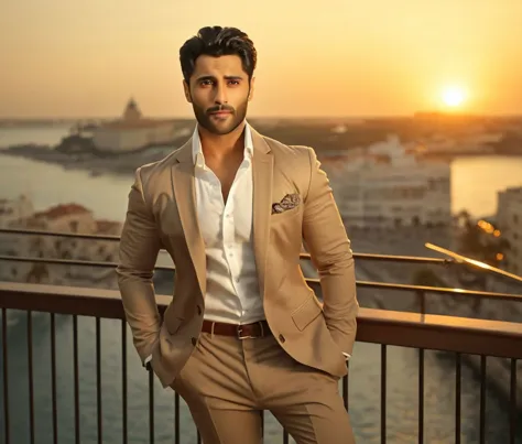 araffe man in a tan suit standing on a balcony overlooking a city