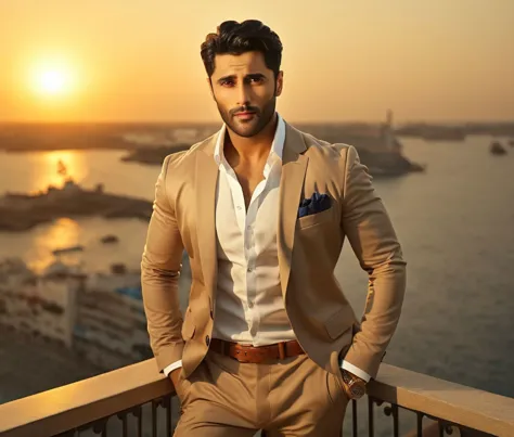 a man in a tan suit standing on a balcony overlooking the water