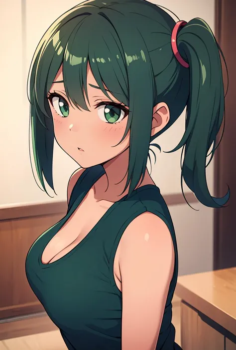 (masterpiece, best quality), 1girl,  Dark green Twisted Side Ponytail, Sizes I to L breasts,  <lora:CG-Hentai:0.8>