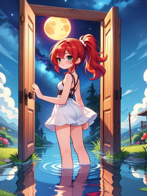 a girl standing in water with a door open