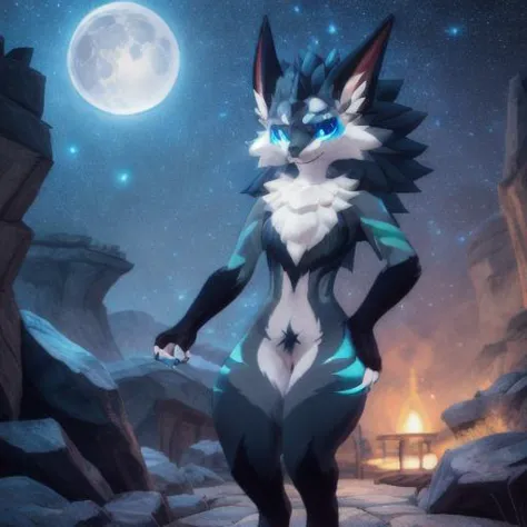 uploaded on e621,
detailed full body drawing of a ((female novabeast) by red-izak, warm grey body, glowing cyan rim, claws, chest tuft, glowing blue eyes),
small breast, bottomless, watching the moon
((lyingon stone floor ,fantasy)), (space, starry, neon light), moon
((detailed fluffy fur)),(detailed background, depth of field, half body shadow, sunlight, ambient light on the body),
(intricate:0.7), (high detail:1.2), (unreal engine:1.3), (sharp focus:1.1),
[explicit content, questionable content], (masterpiece, best quality, 4k, 2k, shaded, absurd res) 
