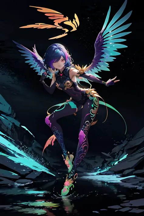 (masterpiece:1.3),(best quality:1.2),8k,absurdres,unity 8k wallpapper,(extremely detailed:1.3),highestres,solo,
Eyelashes, close-up, Cyan, Green, Purple, pink, yellow, Blue, gradient, Black Background, full body, Wings, Dynamic Pose, floating, Fluorescent, UV, Surreal, (Graffiti:1.2), Stars,heterochromia, landing_wings,
<lyco:UV_fluorescence-LyCORIS:1>, UV_fluorescence,(1girl:1.2), <lora:lowRA:0.7> ,colorful,full body,<lora:landing_wings_sd-10:1>