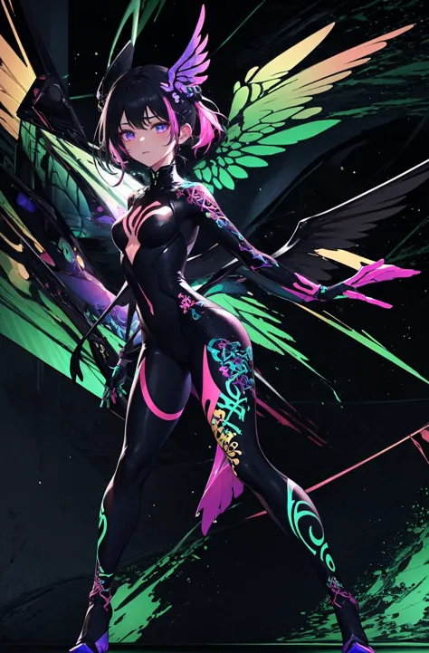 (masterpiece:1.3),(best quality:1.2),8k,absurdres,unity 8k wallpapper,(extremely detailed:1.3),highestres,solo,
Eyelashes, close-up, Cyan, Green, Purple, pink, yellow, Blue, gradient, Black Background, full body, Wings, Dynamic Pose, floating, Fluorescent, UV, Surreal, (Graffiti:1.2), Stars,
<lyco:UV_fluorescence-LyCORIS:1>, UV_fluorescence,(1girl:1.2), <lora:lowRA:0.7> ,colorful,full body,