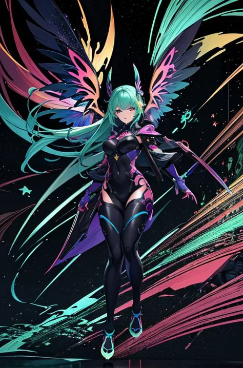 a woman in a black outfit with wings and a sword