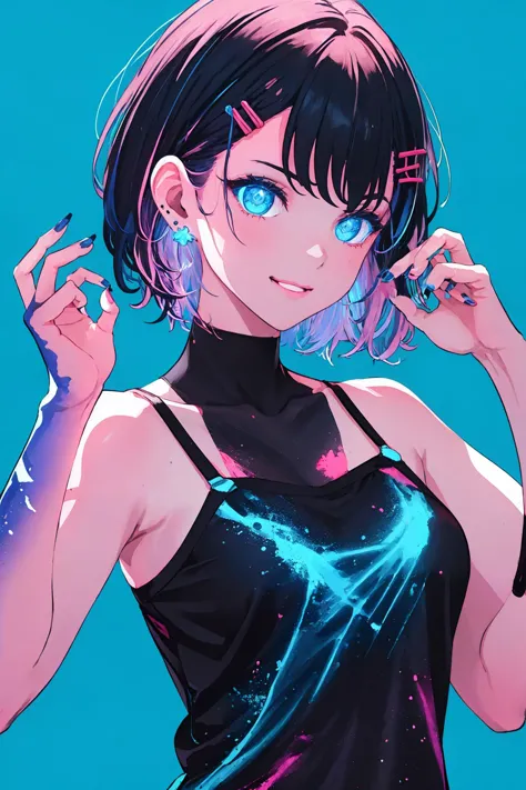 (best quality, masterpiece, highres),1girl,solo,short hair,smirk,hair spread out,earrings,hairclip,camisole,nail polish,multicolored nails,hands up,spread fingers,blue background,UV_fluorescence,
<lyco:UV_fluorescence-LyCORIS:1>,