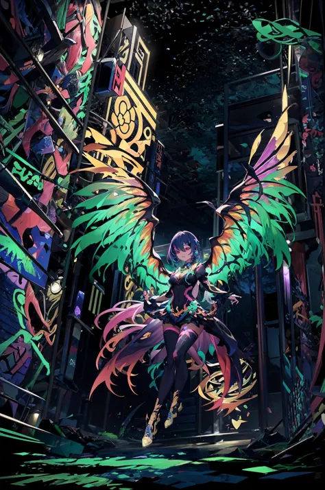 (masterpiece:1.3),(best quality:1.2),8k,absurdres,unity 8k wallpapper,(extremely detailed:1.3),highestres,solo,
Eyelashes, close-up, Cyan, Green, Purple, pink, yellow, Blue, gradient, Black Background, full body, Wings, Dynamic Pose, floating, Fluorescent, UV, Surreal, (Graffiti:1.2), Stars,heterochromia, 
<lora:UV_fluorescence_lora:1> , UV_fluorescence,(1girl:1.2), <lora:lowRA:0.7> ,colorful,full body,