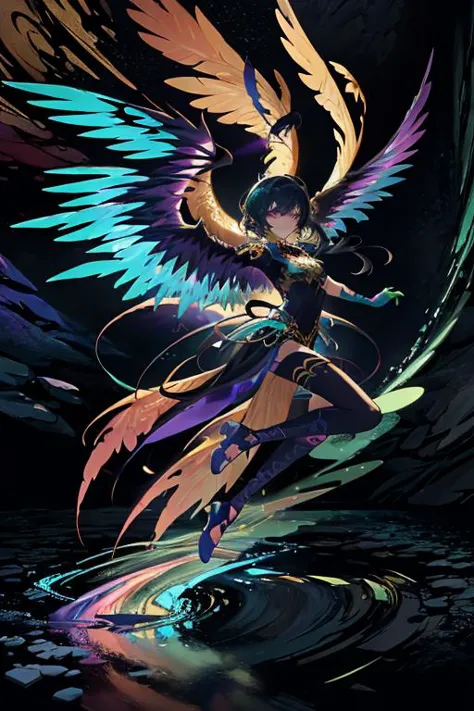 a woman with wings flying over water in a dark room