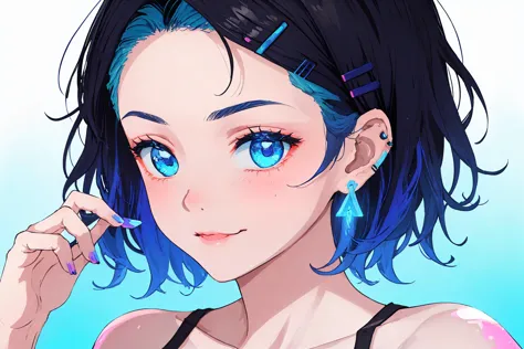 (best quality, masterpiece, highres),1girl,solo,short hair,smirk,hair spread out,earrings,hairclip,camisole,nail polish,UV_fluorescence,close-up,blue background,gradient background,white background,
<lyco:UV_fluorescence-LyCORIS:1>,