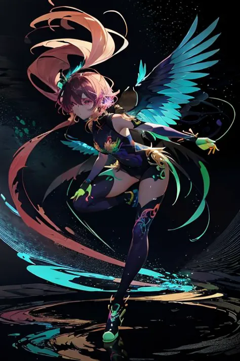 (masterpiece:1.3),(best quality:1.2),8k,absurdres,unity 8k wallpapper,(extremely detailed:1.3),highestres,solo,
Eyelashes, close-up, Cyan, Green, Purple, pink, yellow, Blue, gradient, Black Background, full body, Wings, Dynamic Pose, floating, Fluorescent, UV, Surreal, (Graffiti:1.2), Stars,heterochromia, 
<lyco:UV_fluorescence-LyCORIS:1>, UV_fluorescence,(1girl:1.2), <lora:lowRA:0.7> ,colorful,full body,<lora:landing_wings_sd-10:1>