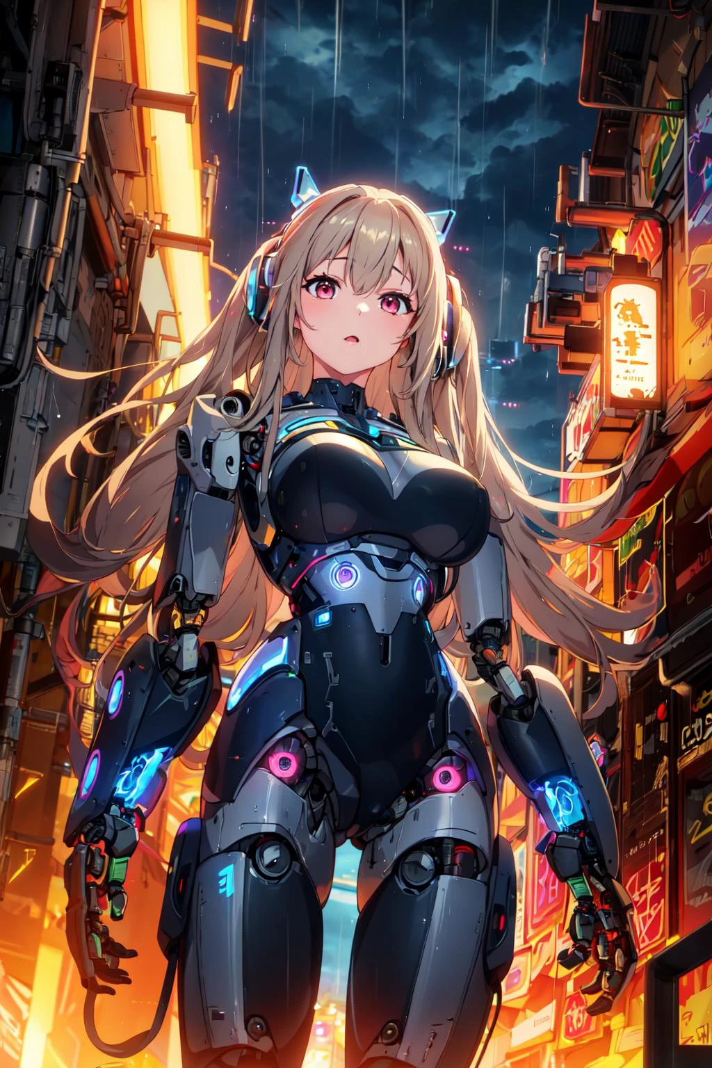 best quality masterpiece, AnchorageV4, 1girl, solo, armor, ((girl is a robot:1.3)), ((electric circuit:1.3)), ((magic, RTX, colorful, post processing)), mechanic arms, mechanical hands, fire, power, city alley, night, rain, thunder, 