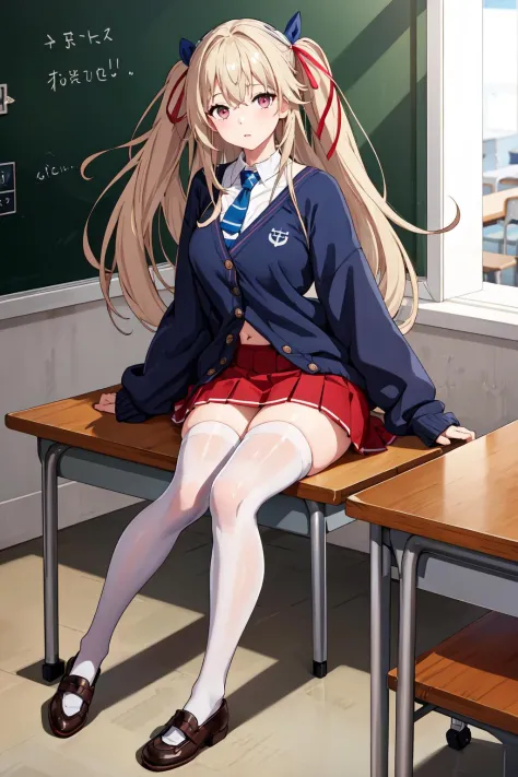 best quality masterpiece, AnchorageV4, 1girl, solo, looking at viewer, skirt, shirt, thighhighs, ribbon, sitting, , hair ribbon, white shirt, necktie, shoes, white thighhighs, official alternate costume, sleeves past wrists, red skirt, cardigan, desk, classroom, chalkboard, uwabaki, on desk, 