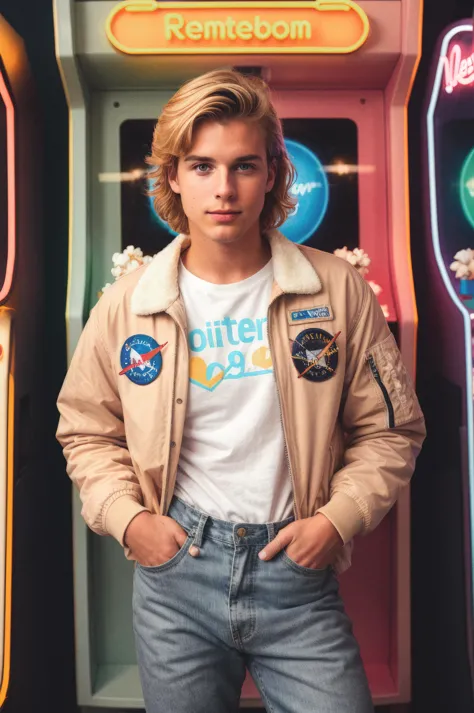 vintage 80s photo of a man, astronaut type, with light blonde hair Greaser hair, Starter jacket, snap-button pants, Reebok Classics, (80s style Mall Arcade, The neon-lit heart of teenage social life, filled with rows of buzzing video game cabinets and the unmistakable aroma of popcorn and cotton candy), face in highlight, soft lighting, high quality, film grain, Fujifilm XT3 <lora:add_detail:0.5>