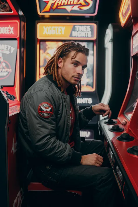 vintage 80s photo of a man, explorer type, with redhead Faux locs, Starter jacket, snap-button pants, Reebok Classics, (Video Game Arcade Tournament, Inside a competitive video game arcade, players gather for a high-stakes tournament of games like "Street Fighter" or "Mortal Kombat"), face in highlight, soft lighting, high quality, film grain, Fujifilm XT3 <lora:add_detail:0.5>