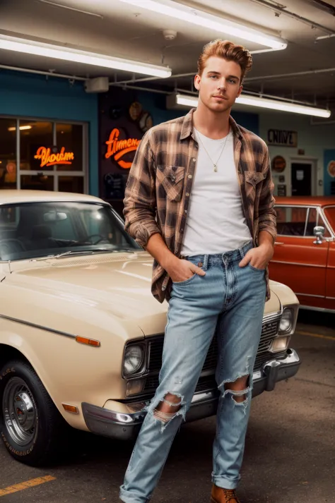 vintage 80s photo of a man, greaser type, with redhead pompadour, oversized flannel shirt, ripped jeans, timberland boat shoes, ...