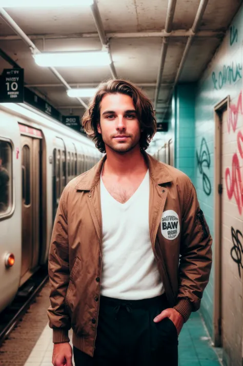 vintage 80s photo of a man, beach volleyball player type, with brown hair Taper cut, V-neck sweater, pleated trousers, loafers, (80s style Subway Station, A gritty subway station with graffiti-covered walls and commuters in Members Only jackets and shoulder-padded blazers rushing to catch the train), face in highlight, soft lighting, high quality, film grain, Fujifilm XT3 <lora:add_detail:0.5>