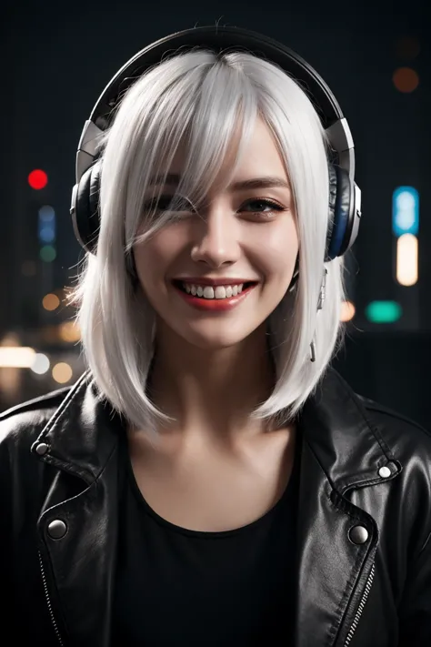 a woman with headphones on smiling and wearing a black jacket