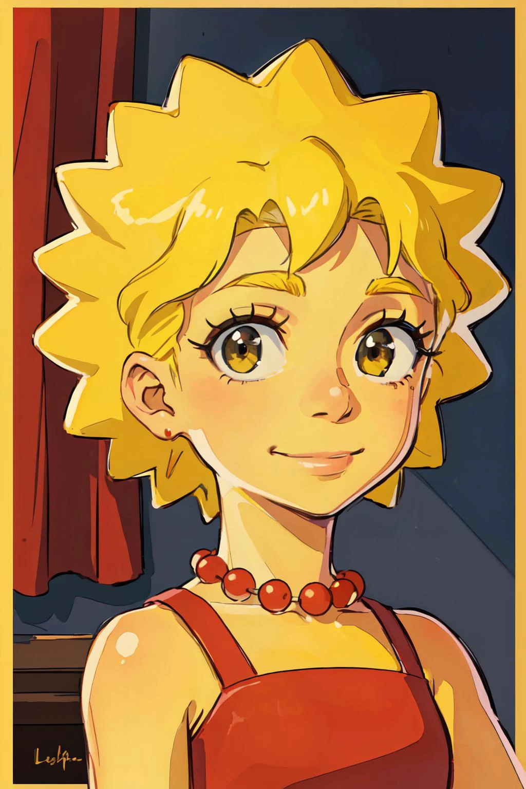 A cartoon picture of a woman with blonde hair and a red dress - SeaArt AI