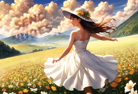 score_9, score_8_up, score_7_up, source_anime,  best quality,  raing_safe,break 1girl, sundress, hat, long hair,  running throug...