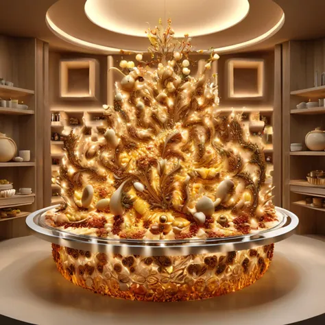 there is a large christmas tree with gold decorations in a room