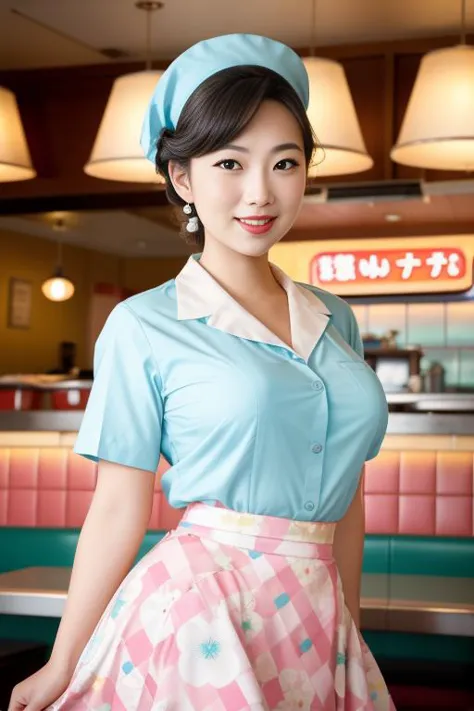 looking at viewer, best quality, masterpiece, saggy breasts, smile, happy, japanese girl, big milkshake, elegant 1950s housewife wearing a colorful 1950s waitress uniform, skirt, apron, shirt, (in 1950s fast food restaurant), candy colors, Professional photo, cinematic lighting, volumetric shadows, (backlighting:0.6), shallow depth of field, 8mm film grain, photographed on a Leica 10772 M-P, 50mm lens, F2.8, (highly detailed, intricate details, fine), 8k, HDR, deep focus,