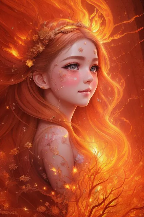 masterpiece, best quality, hair is turning into fire, hair is on fire, Fantasy, (light rayer:1.05), orange light particles, scenery, fire, Beautiful and detailed explosion, beautiful detailed glow, Flames burning around, Flames burning around, Fire feathers, burning, (burning forest:1.34), (bare trees:1.05), ashes, (red sun:1.05), (flame swirling around the character:1.1), solo, crazy_smile, (detailed:1.05), high resolution illustration, lustrous skin, colorful, (ultra-detailed:1.1), (illustration:1.05), (detailed light:1.05), (an extremely delicate and beautiful:1.1), beautiful detailed girl, depth of field, white_long_hair, orange_eyes, eyelashs, dark eyelashes, eyeliner, soft glowing eyes,  