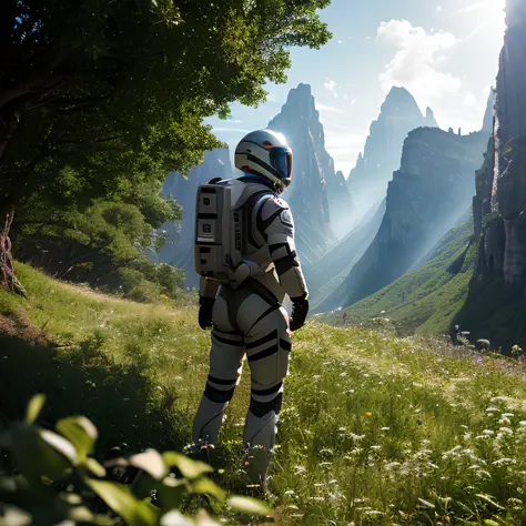 masterpiece, Highly detailed RAW color Photo, wide shot, Full Body, of (Young Woman space soldier, wearing brown and white space suit, helmet, tinted face shield, rebreather, accentuated booty), outdoors, (looking up at advanced alien structure, on alien planet), toned body, big butt, (mythpunk), (mountains:1.1), (lush green vegetation), (two moons in sky:0.8), (highly detailed, hyperdetailed, intricate), (lens flare:0.7), (bloom:0.7), particle effects, raytracing, cinematic lighting, shallow depth of field, ((RAW, analog style)), cinematic lighting, atmospheric lights, god rays, ultra detailed, bloom, dramatic atmosphere, centered, rule of thirds, f/4, 17mm, Aerial Shot,