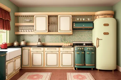 1940s-style kitchen with vintage appliances, beautiful aroused oriya housewife girl, floral apron, and coiffed hair, domestic and nurturing emotion, retro-inspired digital illustration, clean lines, muted and bold colors, soft warm lighting, charming vintage kitchen, resilient and strong undertones, RetroSupply Co.-inspired, bold graphics, and (vintage kitchen elements:1.37).