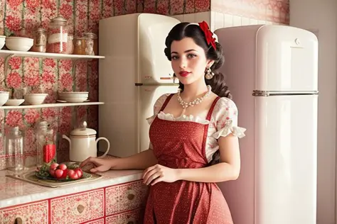 1940s American kitchen, natural lighting, smoke, haze, 50mm lens at F/2.8, beautiful aroused french housewife girl, chubby, natu...