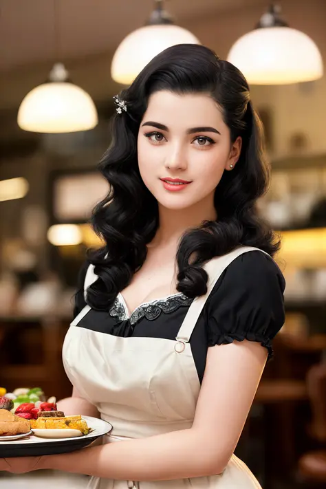 (Deep focus),(realistic:1.25), (realistic lighting:1.5), (sunset lighting), (atmospheric lighting), (1950s camera), Intricately detailed, Perfect, Masterpiece, Best Quality, Full body photo of a 21 year old American woman as a 1950s cafe waitress, standing, (Holding a large tray of food in her hand), ((posing seductively in a 1940s American Cafe)), (wearing black ornate apron), (feminine), charming smile, (charming:1.5), (perfect hair), (black hair), long hair, (extremely detailed hair), (beautiful face), ((((looking at viewer)))) ,(Momentous Breasts), (slim:1.1), (fit:1.5), (slim face), perfect skin, perfect hands, perfect face, ((closed mouth)), (narrow shoulders:0.5), big eyes, open eyes, freckles, beauty marks, (detailed skin, supple skin pores), (8mm film grain: 1.9), (8mm film lens: 1.9), shallow depth of field, ((poor color film: 1.5)), (undersaturated:0.75), (Lighting from above), (film grain: 1.5), (Side Lighting:0.75), (bloom: 0.6), (poor colors: 1.5), F/1.4 aperture