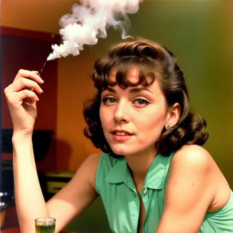 Photo, of a 1950s woman getting high on marijuana, color photography