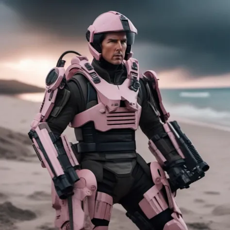 Dystopian style cinematic photo  full body  tom cruise wears a pink futuristic light armor,  helmet, beach background <lora:Exosuit1024:0.8> . 35mm photograph, film, bokeh, professional, 4k, highly detailed . Bleak, post-apocalyptic, somber, dramatic, highly detailed