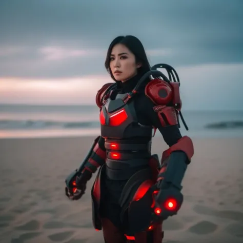 a woman in a red and black suit standing on a beach