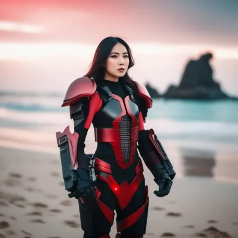 a woman in a red and black suit standing on a beach