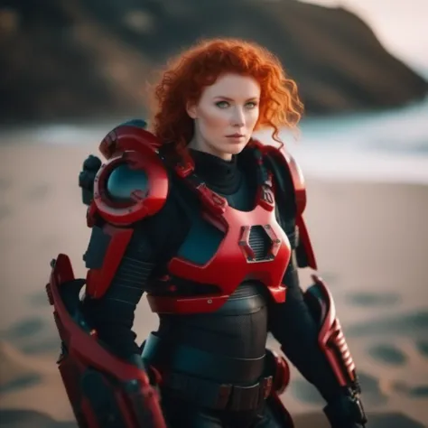 cinematic photo  a full body curly redhead woman wears a red and black futuristic light armor, beach background <lora:Exosuit1024:0.9> . 35mm photograph, film, bokeh, professional, 4k, highly detailed