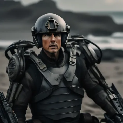 a close up of a man in a helmet and armor on a beach