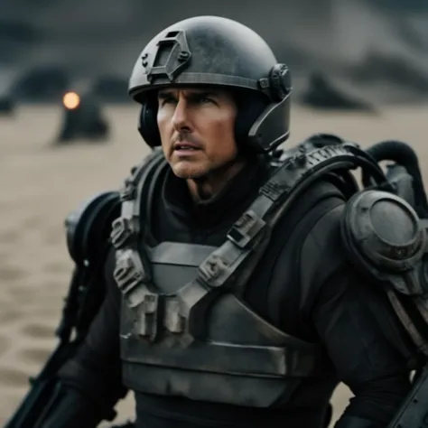 Dystopian style cinematic photo  of tom cruise wears a black futuristic light armor,  helmet, beach background <lora:Exosuit1024:0.9> . 35mm photograph, film, bokeh, professional, 4k, highly detailed . Bleak, post-apocalyptic, somber, dramatic, highly detailed