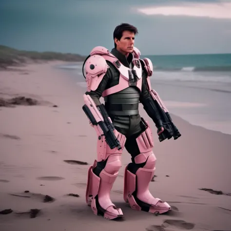 arafed man in a pink suit standing on a beach