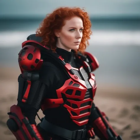 a close up of a woman in a red and black costume