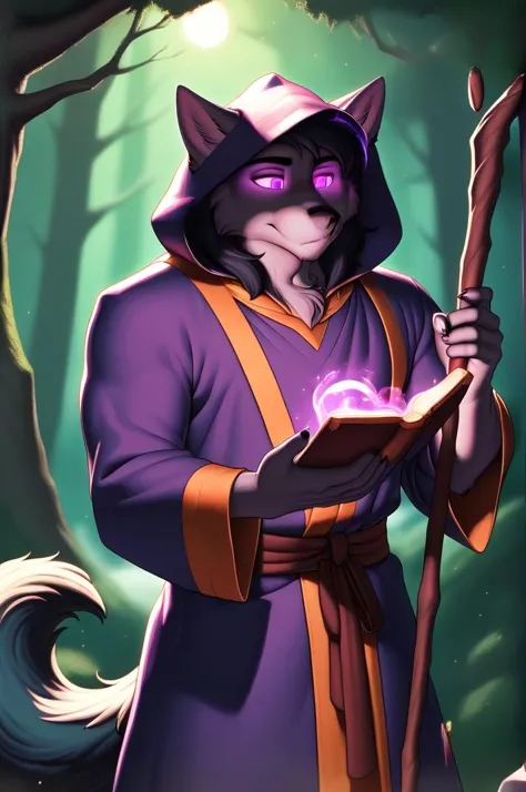 score_9, score_8_up, score_7_up, score_6_up, score_5_up, score_4_up, source furry, handsome solo male wolf wizard in dark forest...