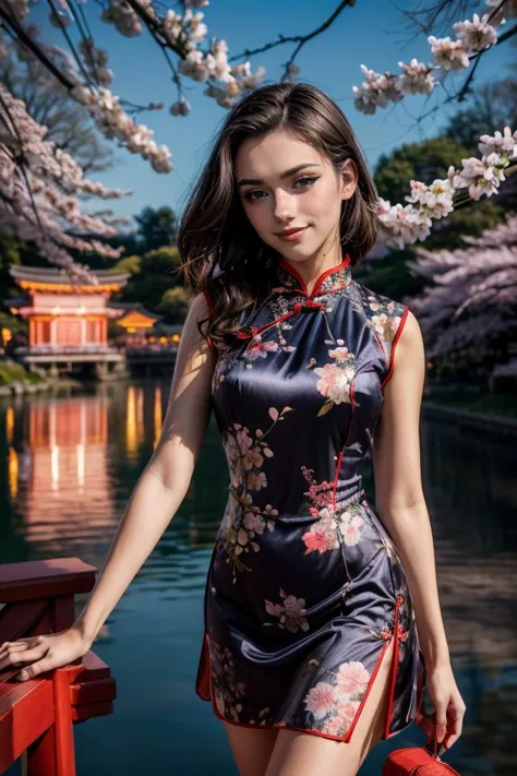 wearing a Cheongsam, colorful trim, shiny silk, floral design, looking at viewer, smirk, happy, medium shot, standing, outside, ...