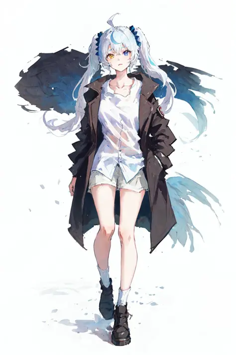 (best quality, masterpiece), 1girl, (female focus), ahoge, white blue hair, ((white shirt), (overfit shrit)), long hair, standing, twintails, [[mild heterochromia]], white background