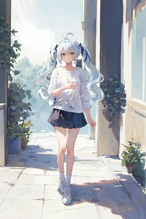 (best quality, masterpiece), 1girl, (female focus), ahoge, white blue hair, ((white shirt), (overfit shrit)), long hair, standin...